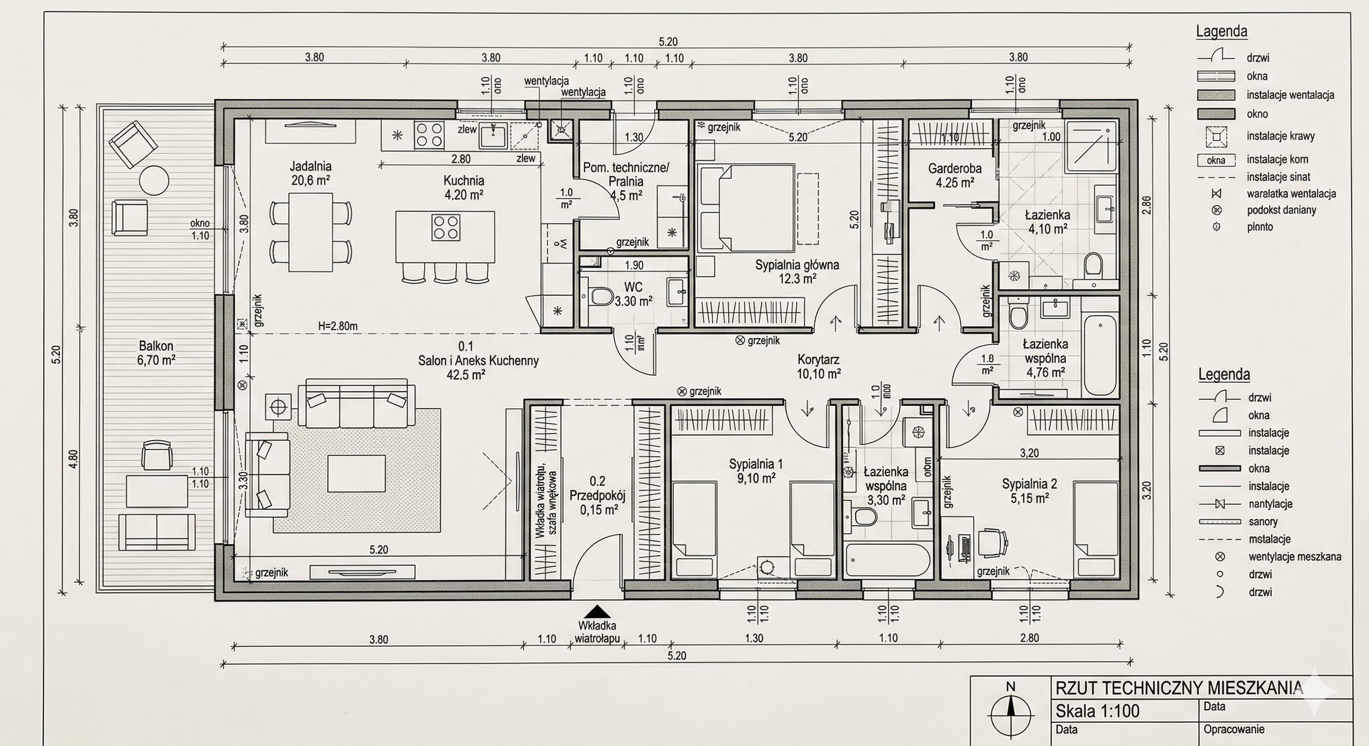 Rzut techniczny mieszkania — Apartament Mokotów